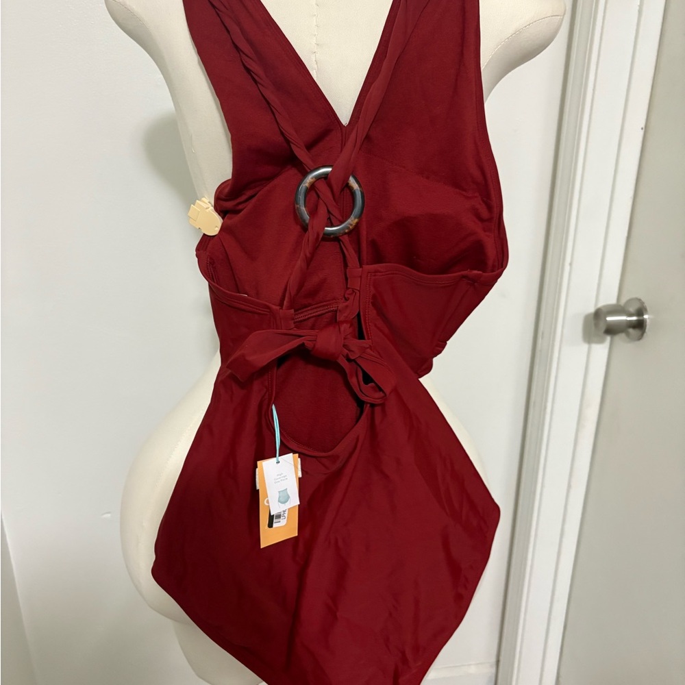 Women's One-Piece Swimsuit with Ring Detail - Deep Red